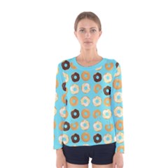 Donuts Pattern With Bites bright pastel blue and brown Women s Long Sleeve Tee