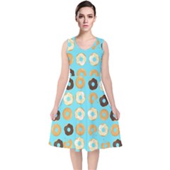 Donuts Pattern With Bites bright pastel blue and brown V-Neck Midi Sleeveless Dress 