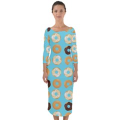 Donuts Pattern With Bites bright pastel blue and brown Quarter Sleeve Midi Bodycon Dress