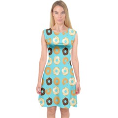 Donuts Pattern With Bites bright pastel blue and brown Capsleeve Midi Dress