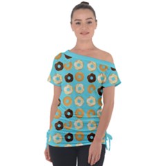 Donuts Pattern With Bites bright pastel blue and brown Tie-Up Tee