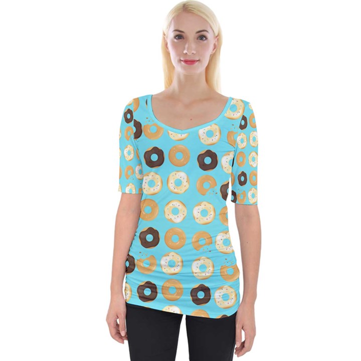 Donuts Pattern With Bites bright pastel blue and brown Wide Neckline Tee