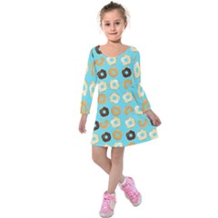 Donuts Pattern With Bites bright pastel blue and brown Kids  Long Sleeve Velvet Dress