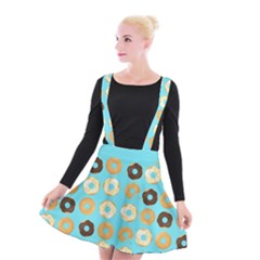 Donuts Pattern With Bites bright pastel blue and brown Suspender Skater Skirt