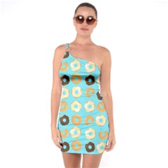 Donuts Pattern With Bites Bright Pastel Blue And Brown One Soulder Bodycon Dress by genx