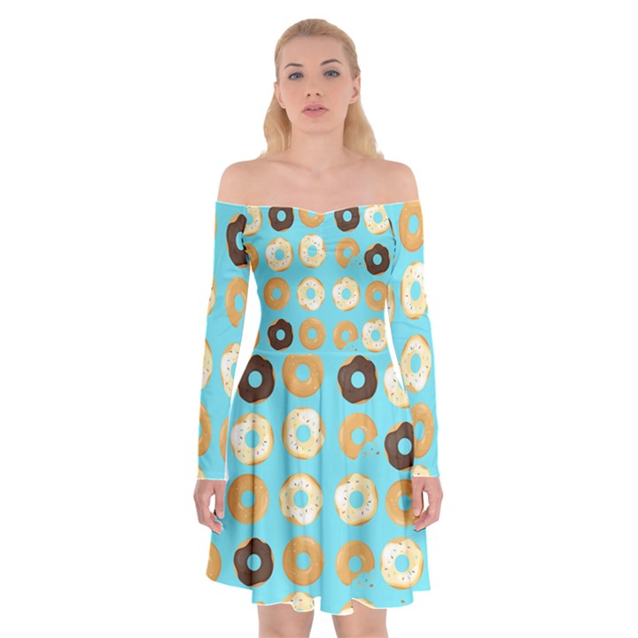 Donuts Pattern With Bites bright pastel blue and brown Off Shoulder Skater Dress