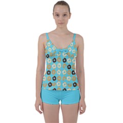 Donuts Pattern With Bites bright pastel blue and brown Tie Front Two Piece Tankini