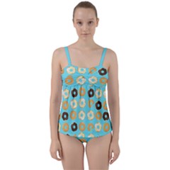 Donuts Pattern With Bites bright pastel blue and brown Twist Front Tankini Set