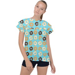 Donuts Pattern With Bites bright pastel blue and brown Ruffle Collar Chiffon Blouse