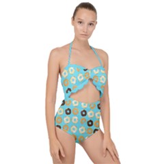 Donuts Pattern With Bites Bright Pastel Blue And Brown Scallop Top Cut Out Swimsuit by genx