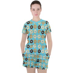 Donuts Pattern With Bites bright pastel blue and brown Women s Tee and Shorts Set