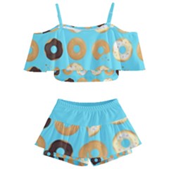 Donuts Pattern With Bites bright pastel blue and brown Kids  Off Shoulder Skirt Bikini