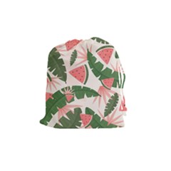 Tropical Watermelon Leaves Pink And Green Jungle Leaves Retro Hawaiian Style Drawstring Pouch (medium)