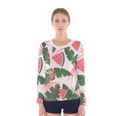 Tropical Watermelon Leaves Pink And Green Jungle Leaves Retro Hawaiian Style Women s Long Sleeve Tee