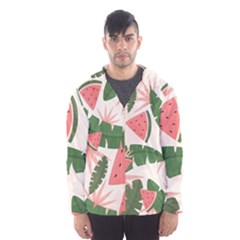 Tropical Watermelon Leaves Pink And Green Jungle Leaves Retro Hawaiian Style Men s Hooded Windbreaker by genx