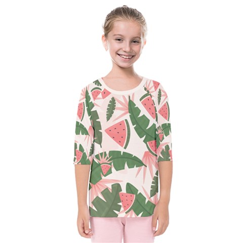 Tropical Watermelon Leaves Pink And Green Jungle Leaves Retro Hawaiian Style Kids  Quarter Sleeve Raglan Tee by genx