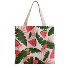 Tropical Watermelon Leaves Pink And Green Jungle Leaves Retro Hawaiian Style Zipper Grocery Tote Bag by genx