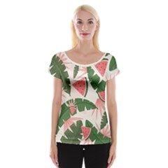 Tropical Watermelon Leaves Pink And Green Jungle Leaves Retro Hawaiian Style Cap Sleeve Top by genx