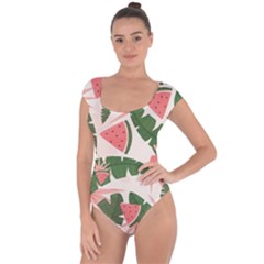 Tropical Watermelon Leaves Pink And Green Jungle Leaves Retro Hawaiian Style Short Sleeve Leotard  by genx