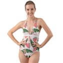 Tropical Watermelon Leaves Pink and green jungle leaves retro Hawaiian style Halter Cut-Out One Piece Swimsuit View1