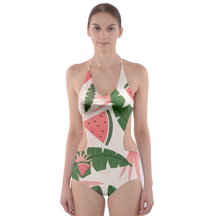 Tropical Watermelon Leaves Pink and green jungle leaves retro Hawaiian style Cut-Out One Piece Swimsuit