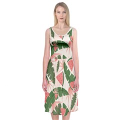 Tropical Watermelon Leaves Pink And Green Jungle Leaves Retro Hawaiian Style Midi Sleeveless Dress by genx