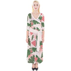 Tropical Watermelon Leaves Pink And Green Jungle Leaves Retro Hawaiian Style Quarter Sleeve Wrap Maxi Dress by genx