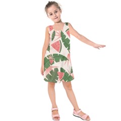 Tropical Watermelon Leaves Pink And Green Jungle Leaves Retro Hawaiian Style Kids  Sleeveless Dress by genx