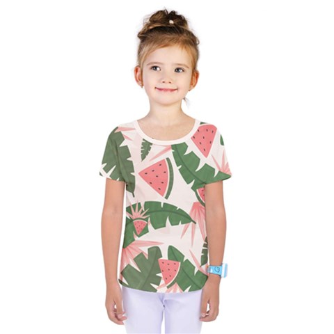 Tropical Watermelon Leaves Pink And Green Jungle Leaves Retro Hawaiian Style Kids  One Piece Tee by genx