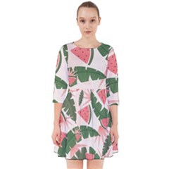 Tropical Watermelon Leaves Pink And Green Jungle Leaves Retro Hawaiian Style Smock Dress by genx