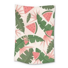 Tropical Watermelon Leaves Pink And Green Jungle Leaves Retro Hawaiian Style Small Tapestry by genx