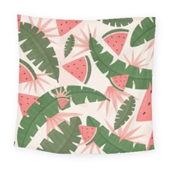 Tropical Watermelon Leaves Pink And Green Jungle Leaves Retro Hawaiian Style Square Tapestry (large) by genx