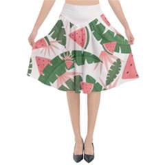 Tropical Watermelon Leaves Pink And Green Jungle Leaves Retro Hawaiian Style Flared Midi Skirt by genx