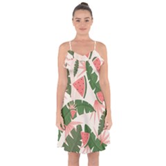 Tropical Watermelon Leaves Pink And Green Jungle Leaves Retro Hawaiian Style Ruffle Detail Chiffon Dress by genx