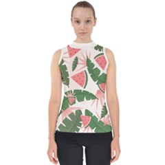 Tropical Watermelon Leaves Pink And Green Jungle Leaves Retro Hawaiian Style Mock Neck Shell Top by genx