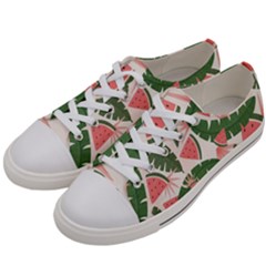 Tropical Watermelon Leaves Pink And Green Jungle Leaves Retro Hawaiian Style Women s Low Top Canvas Sneakers by genx