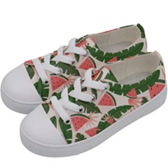 Tropical Watermelon Leaves Pink And Green Jungle Leaves Retro Hawaiian Style Kids  Low Top Canvas Sneakers by genx