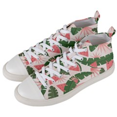 Tropical Watermelon Leaves Pink And Green Jungle Leaves Retro Hawaiian Style Men s Mid-top Canvas Sneakers by genx