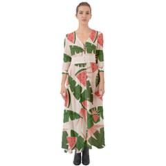 Tropical Watermelon Leaves Pink And Green Jungle Leaves Retro Hawaiian Style Button Up Boho Maxi Dress by genx