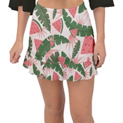 Tropical Watermelon Leaves Pink And Green Jungle Leaves Retro Hawaiian Style Fishtail Mini Chiffon Skirt