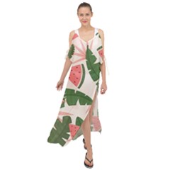 Tropical Watermelon Leaves Pink And Green Jungle Leaves Retro Hawaiian Style Maxi Chiffon Cover Up Dress by genx