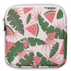 Tropical Watermelon Leaves Pink And Green Jungle Leaves Retro Hawaiian Style Mini Square Pouch by genx