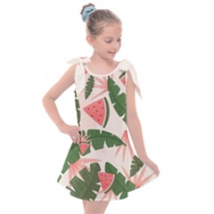 Tropical Watermelon Leaves Pink And Green Jungle Leaves Retro Hawaiian Style Kids  Tie Up Tunic Dress by genx