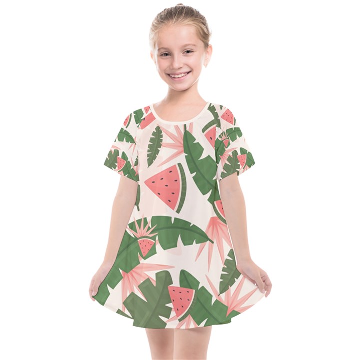 Tropical Watermelon Leaves Pink and green jungle leaves retro Hawaiian style Kids  Smock Dress