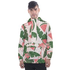 Tropical Watermelon Leaves Pink And Green Jungle Leaves Retro Hawaiian Style Men s Front Pocket Pullover Windbreaker by genx