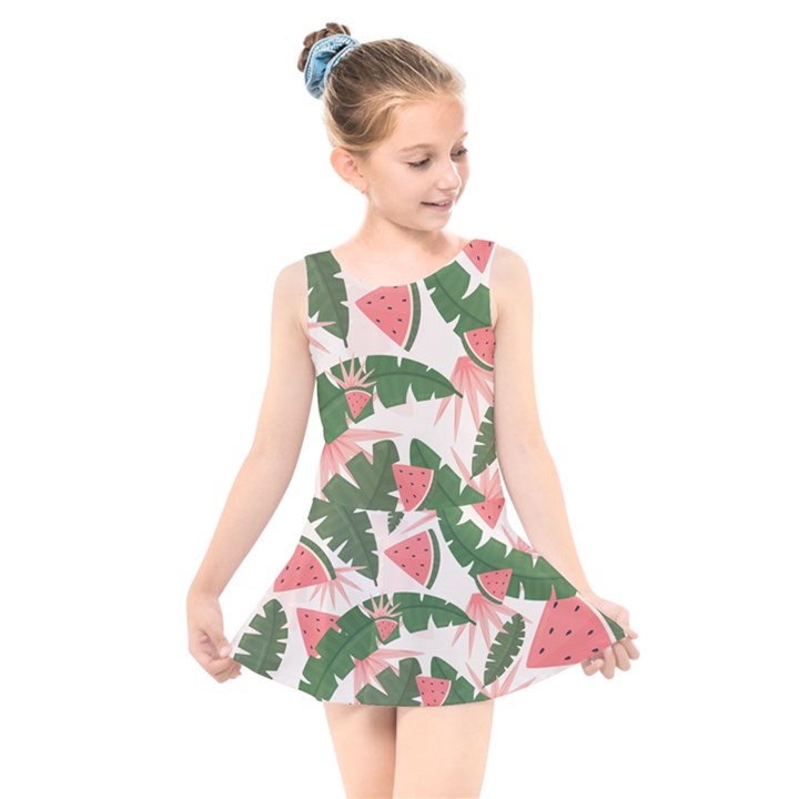 Tropical Watermelon Leaves Pink and green jungle leaves retro Hawaiian style Kids  Skater Dress Swimsuit