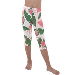 Tropical Watermelon Leaves Pink And Green Jungle Leaves Retro Hawaiian Style Kids  Lightweight Velour Capri Leggings  by genx