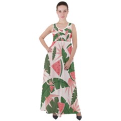 Tropical Watermelon Leaves Pink And Green Jungle Leaves Retro Hawaiian Style Empire Waist Velour Maxi Dress by genx