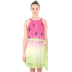 Watermelon Pastel Gradient Pink Watermelon Pastel Gradient Halter Collar Waist Tie Chiffon Dress by genx