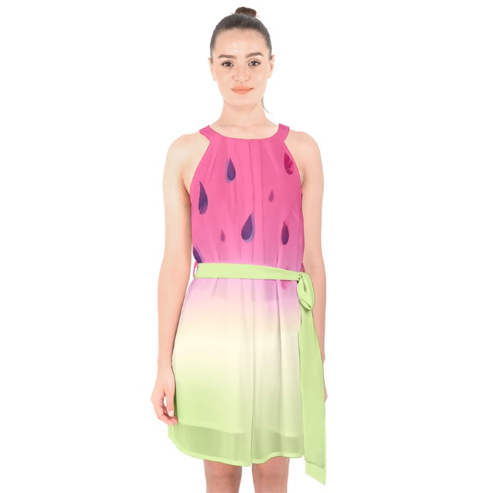 Watermelon Pastel Gradient Pink Watermelon Pastel Gradient Halter Collar Waist Tie Chiffon Dress